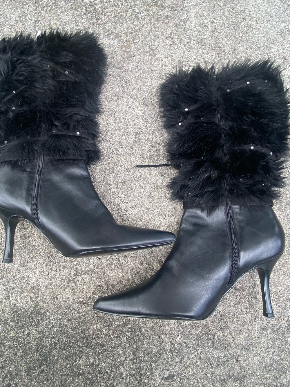 Y2K Black Leather & Fur Rhinestone Stiletto Boots Size 10 - Picture 3 of 8